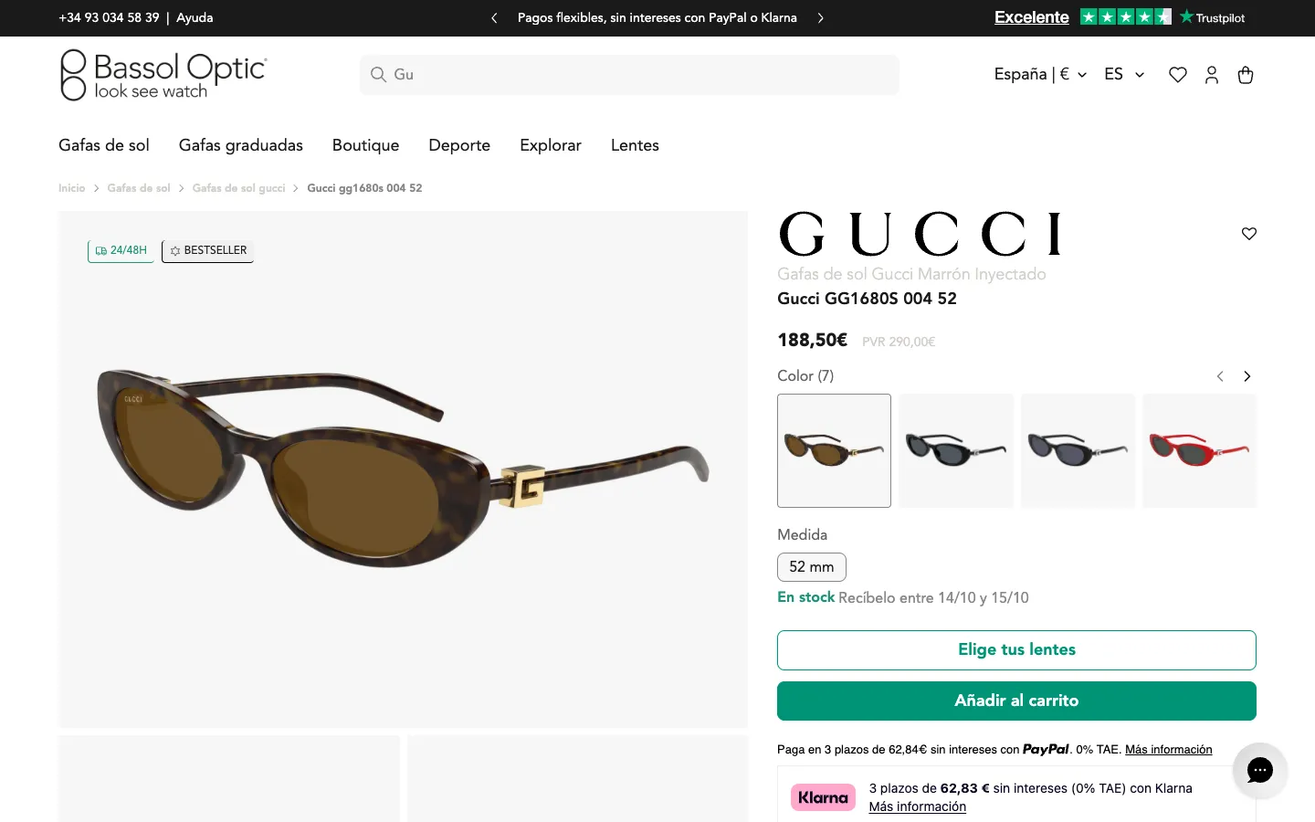 Óptica Bassol Shopify product page for Gucci sunglasses with colour thumbnails, choose your lenses button and delivery estimate