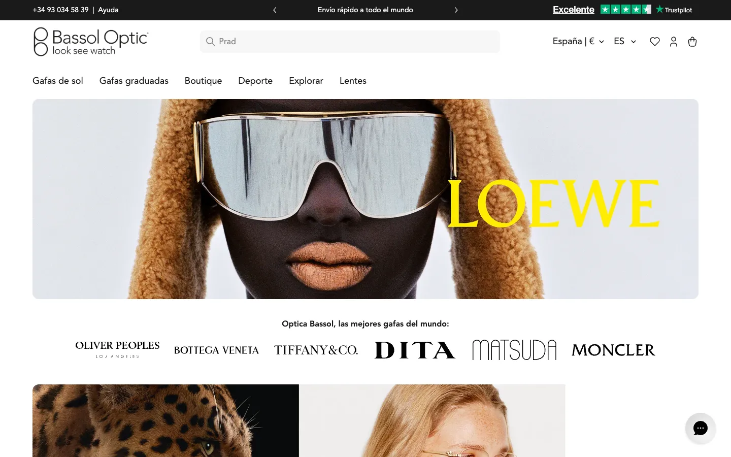 Óptica Bassol Shopify optical store homepage with Loewe banner, luxury eyewear brand logos and large search bar