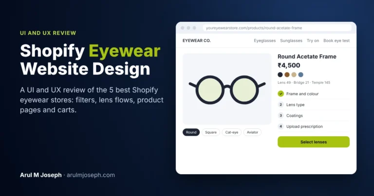 Shopify eyewear website design UI and UX review mockup showing a glasses product page with frame filters and a lens selection step