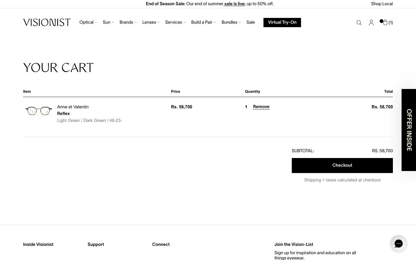 Visionist Shopify cart page with item table, subtotal and Checkout button
