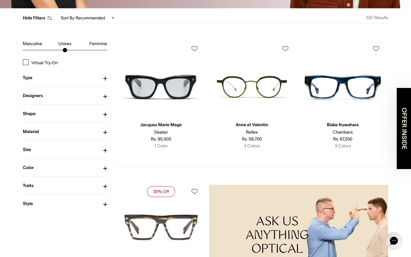 Visionist Shopify optical collection page with left filter sidebar, style slider and Virtual Try-On filter