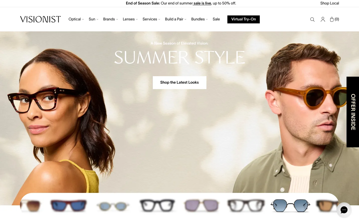 Visionist Shopify eyewear homepage with Summer Style hero, Build a Pair menu and Virtual Try-On button