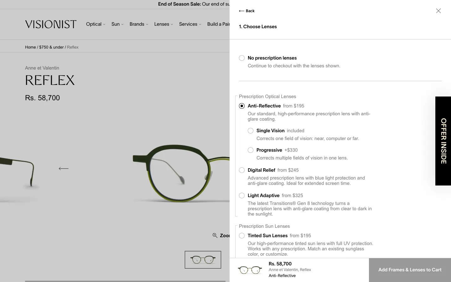 Visionist Shopify lens drawer step 2 with Single Vision and Progressive options under Anti-Reflective
