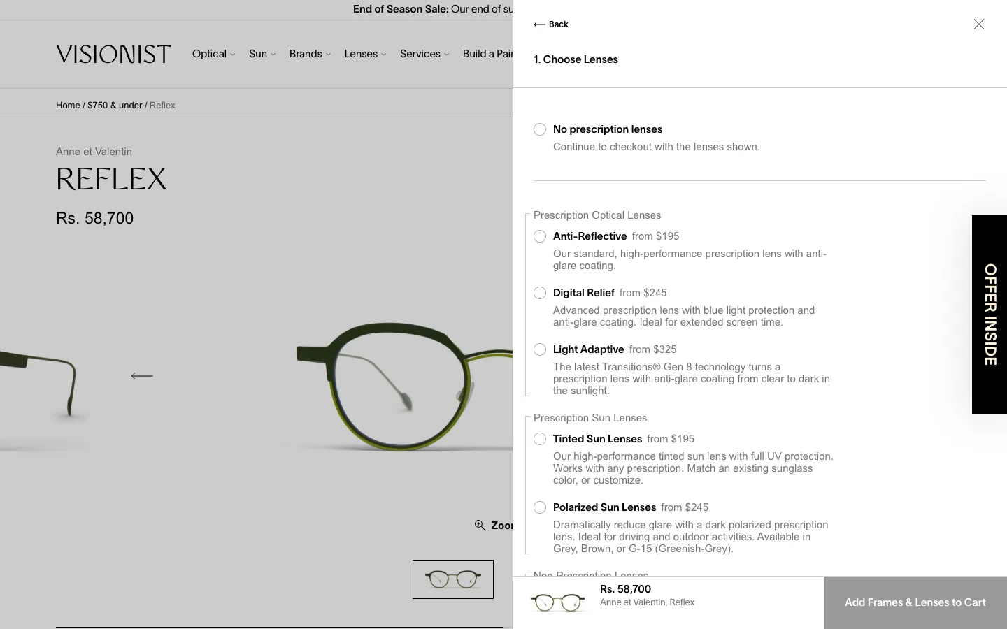 Visionist Shopify lens selection drawer with prescription optical and sun lens options and starting prices