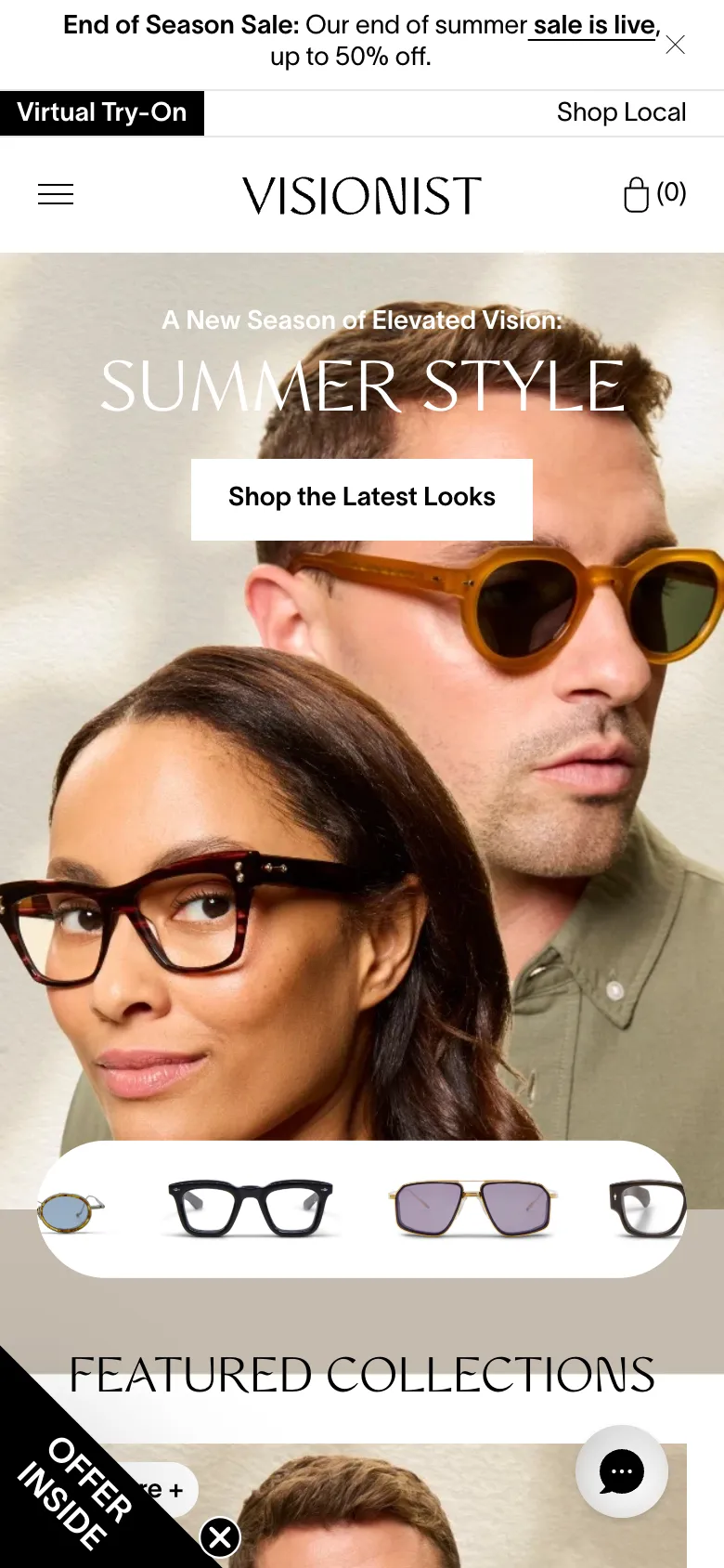 Visionist Shopify mobile homepage with Virtual Try-On button, Summer Style hero, offer ribbon and chat bubble