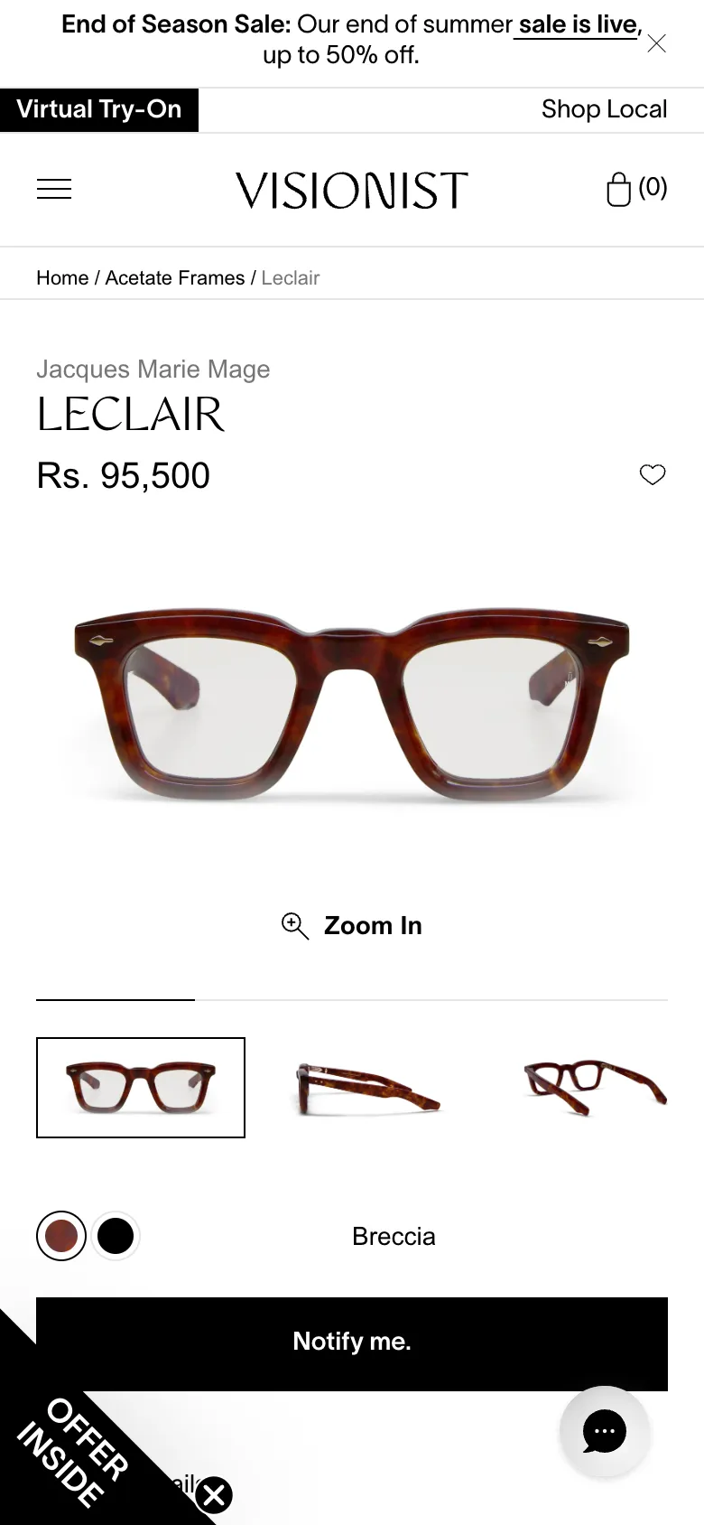 Visionist Shopify mobile product page with colour swatches and Notify me button for an out-of-stock frame