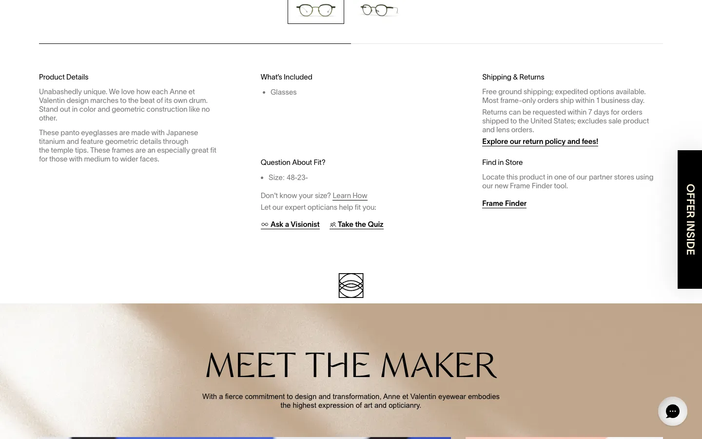 Visionist Shopify product details with Question About Fit block, Ask a Visionist, Take the Quiz and Find in Store links