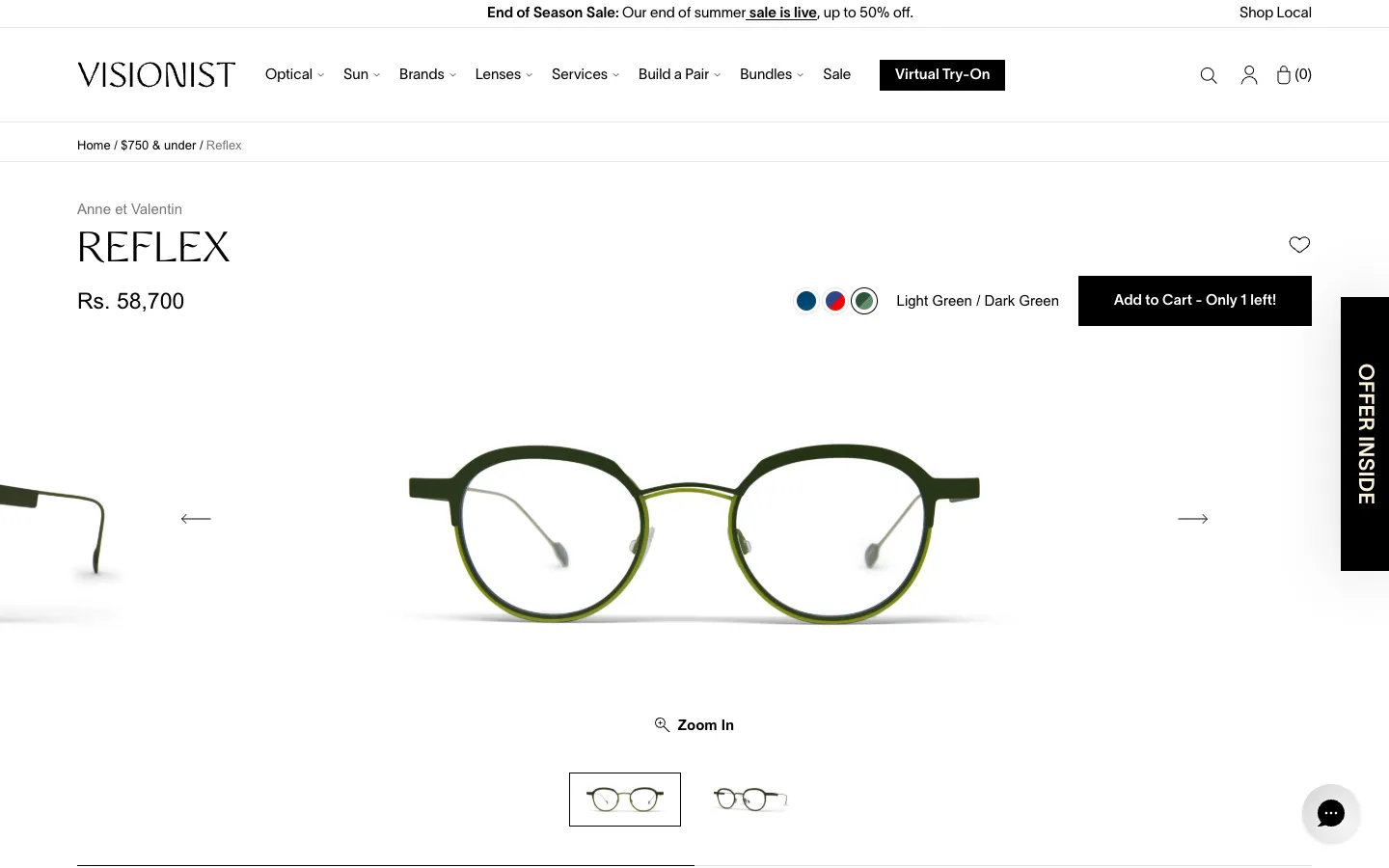 Visionist Shopify product page for Anne et Valentin Reflex frames with colour swatches and Add to Cart Only 1 left button